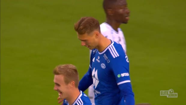 Norwegian forward chests the ball to score a fantastic goal